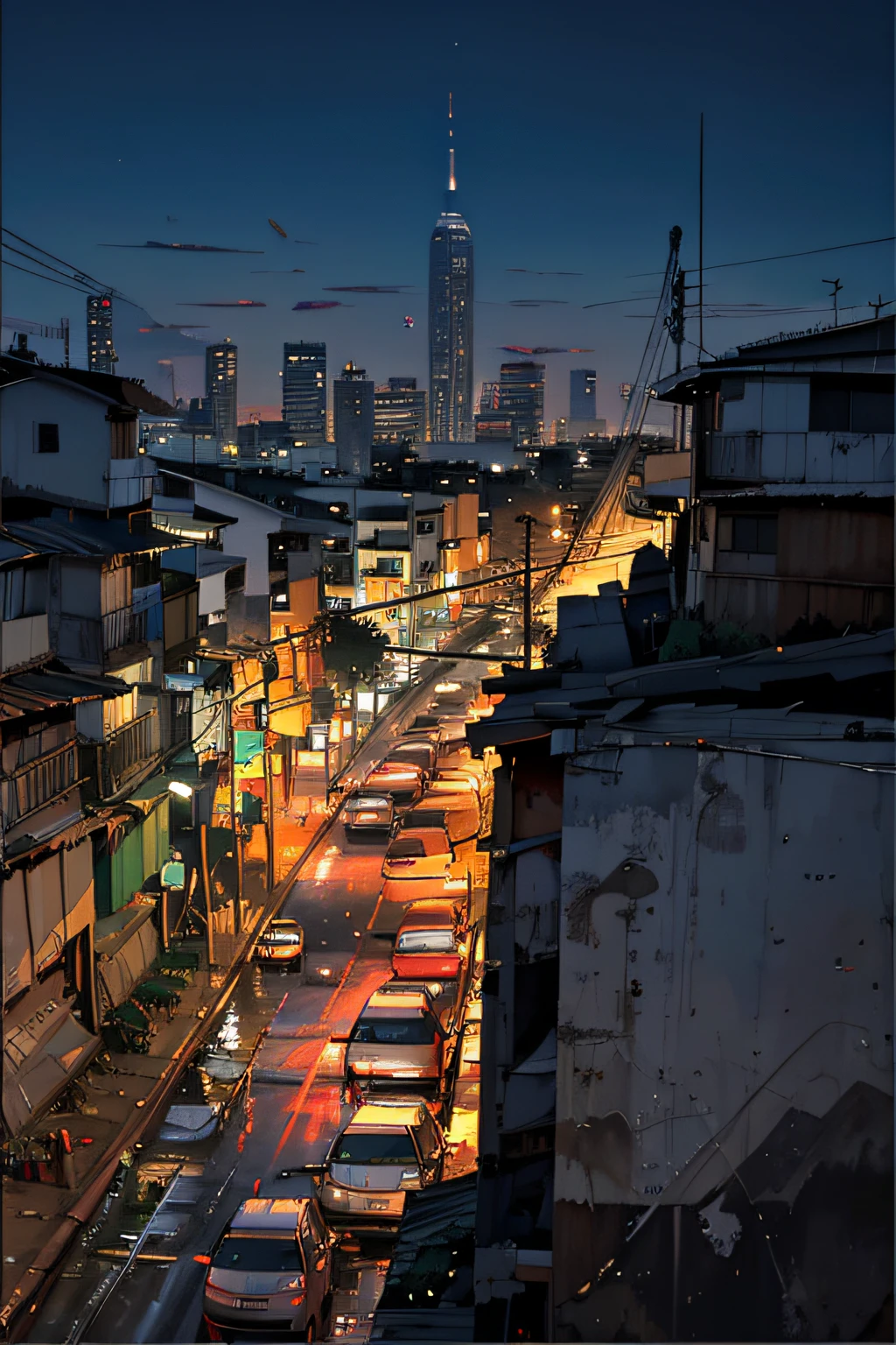 expressive digital painting, São Paulo, shanty town, pollution, junk, Larger view, antennae (panoramic image from far away) intricate details, vertical composition