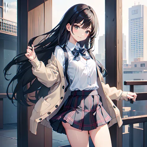 Super delicate and cute girl with black hair、1人、a junior high school student、14years、8K Ultra High Definition、Delicate texture、 Medium Hair、flat chest、(((Plaid mini skirt)))、(((Wearing a cardigan over a collared shirt)))、high socks、Plain clothe、Smiling