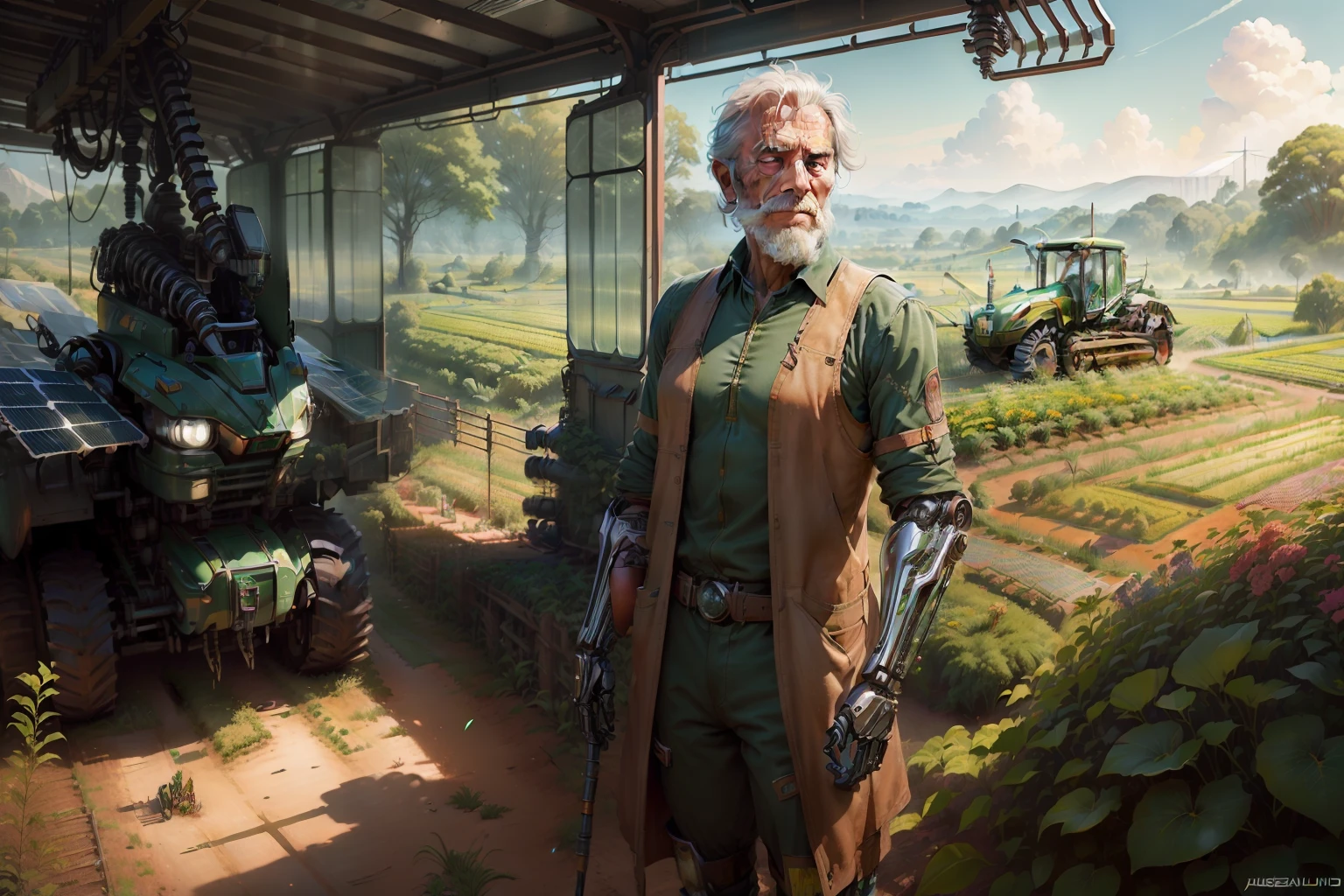 (((mechanical arm)), old farmer with biomechanical arm, solarpunk farm, ( background: , green wild garden, tractor, solar panels ), daylight, hd, solarpunk by Jean Giraud