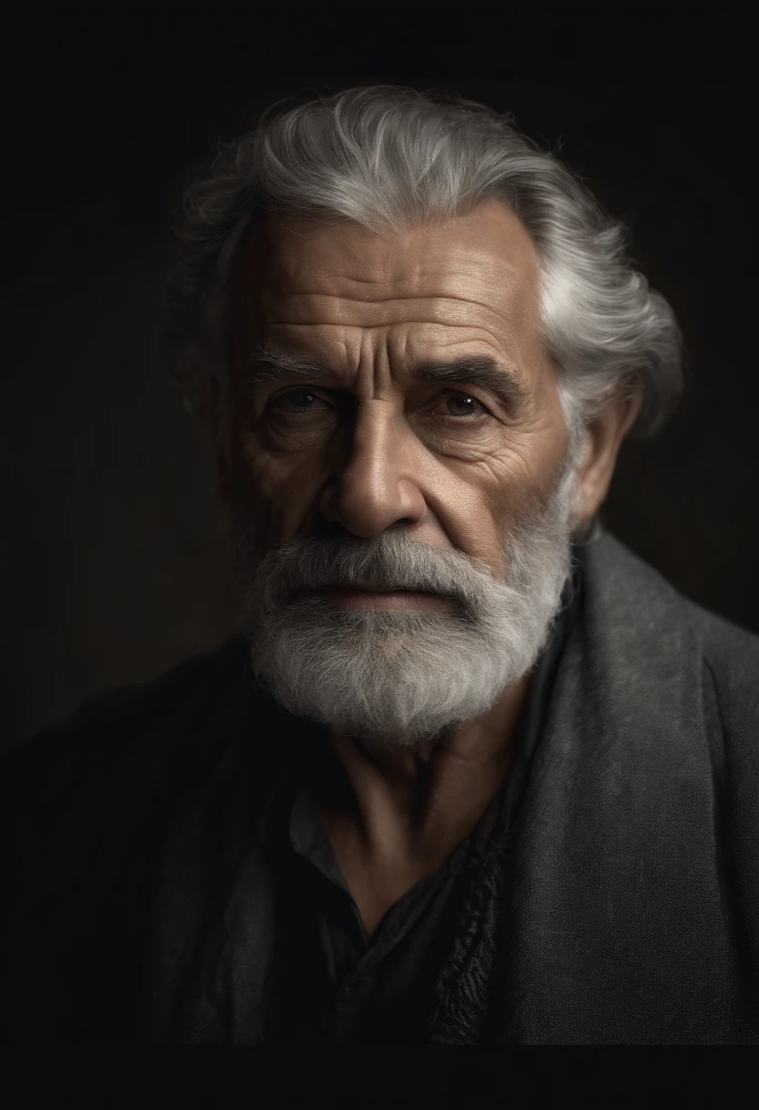 (best quality,4k,8k,highres,masterpiece:1.2),ultra-detailed,(realistic,photorealistic,photo-realistic:1.37),old man,black background,direct gaze,handsome,wise,wrinkles,gray hair,beard,intense eyes,characterful face,sharp focus,stark contrast,dramatic lighting,portrait