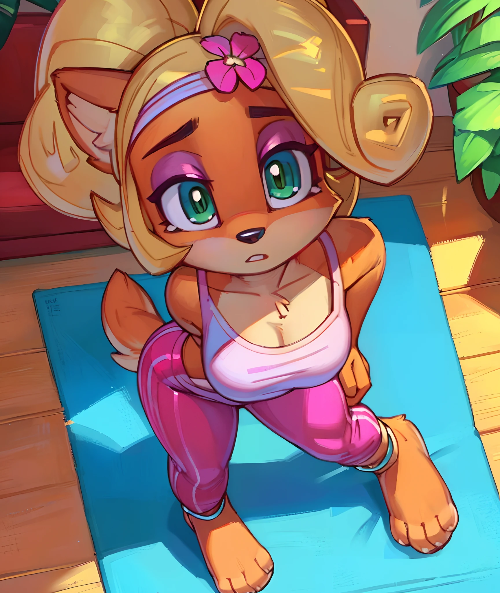 [Coco bandicoot], [Uploaded to e621.net; (Pixelsketcher), (wamudraws)], ((masterpiece)), ((high quality)), ((HD)), ((solo portrait)), ((full body)), ((bird's-eye view)), ((furry; anthro)), ((detailed fur)), ((detailed shading)), ((beautiful render art)), ((front view)), ((feet visible)), ((intricate details)), {anthro; orange fur, black nose, (cute surprised green eyes), (short eyelashes), (pink eyeshadow), (surprised), blonde curly hair, curly ponytail, (beautiful feet)}, {(white tank top pink lining), (small boobs), (tight pink spandex yoga pants), (fluffy white anklets), (pink flower on head)}, {(on yoga mat), (bending over), (hands on knees), (looking at viewer)}, [background; (tropical forest), (living room), (sun rays), (pink smartphone)]