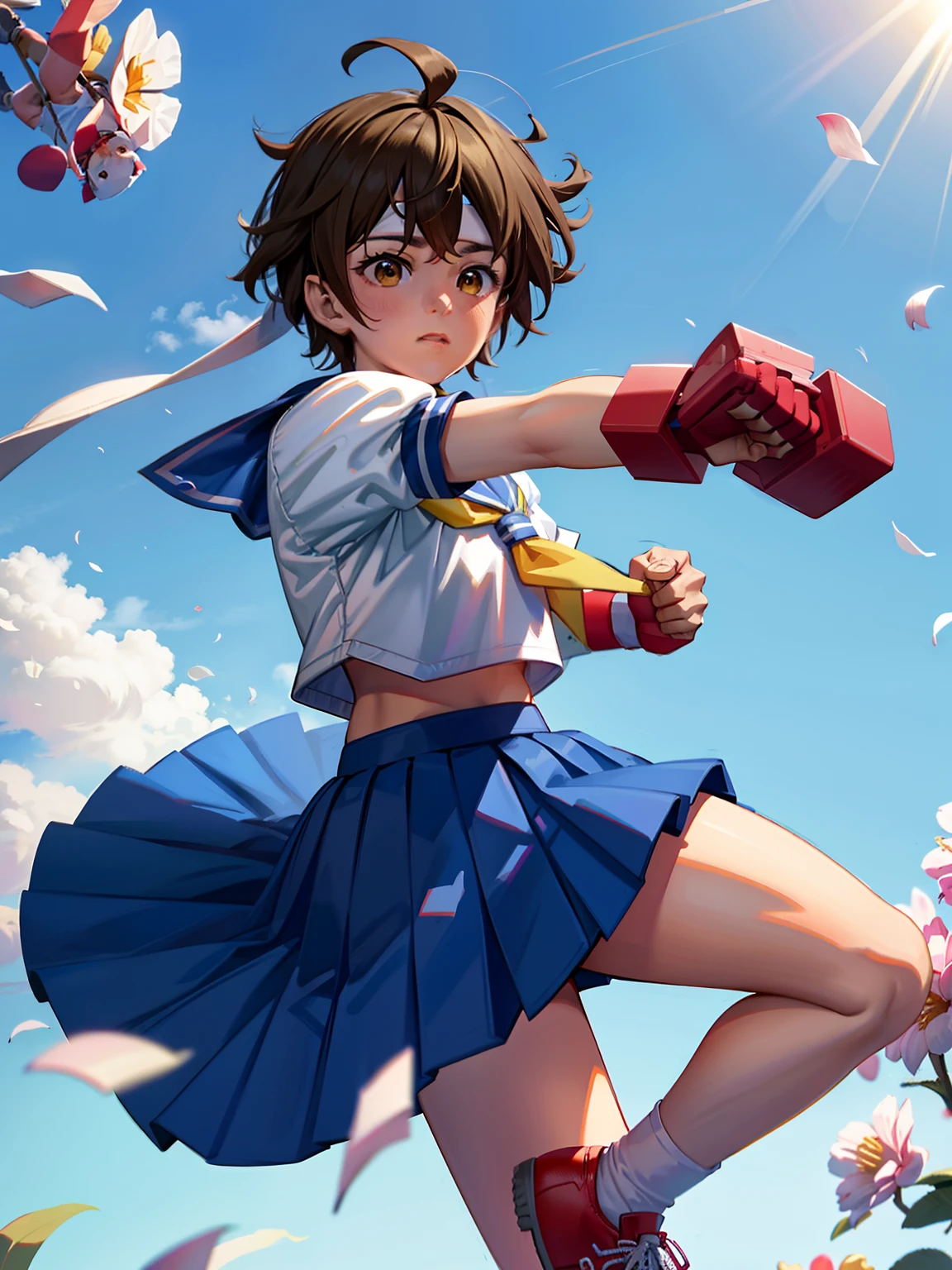 (masterpiece), (The best quality), ultra-high-resolution, Professional Illustrations, ultra detailed, Intricate, detailed face, perfect lighting, 1girl, Sakura, brown eyes, brown hair, short hair, fringe, Ahoge, Love, seraph, puffy sleeves, Crop above, yellow Neckerchief, pleated skirt, Gloves without fingers, thighs, white socks, red shoes, fighting stance, punching, fighting, (cowboy shot, long shot, dutch angle), cherry tree, falling petals, beautiful background