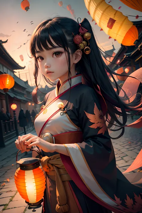 official art, unity 8k wallpaper, ultra detailed, beautiful and aesthetic, masterpiece, best quality, (Fire, water, ribbon, paper cutting), (fractal art:1.3) 1girl,building, (solo:1.5), chinese_clothes, sky, outdoors, wide_sleeves, black_hair, sunset, (fal...