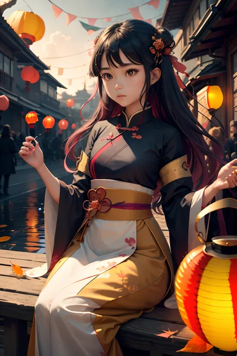 official art, unity 8k wallpaper, ultra detailed, beautiful and aesthetic, masterpiece, best quality, (Fire, water, ribbon, paper cutting), (fractal art:1.3) 1girl,building, (solo:1.5), chinese_clothes, sky, outdoors, wide_sleeves, black_hair, sunset, (fal...
