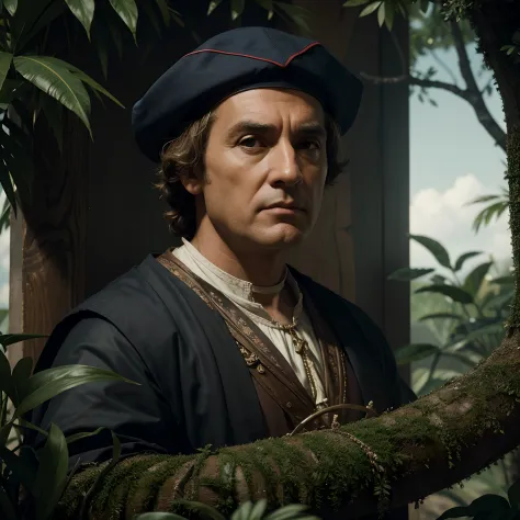 hyper-realistic action scene in which Christopher Columbus examines the flora and fauna of America up close. "It adds extremely precise details to the plants, animals, and the amazed expression on Columbus's face, 8k, cinematic light, photo realistic, octa...