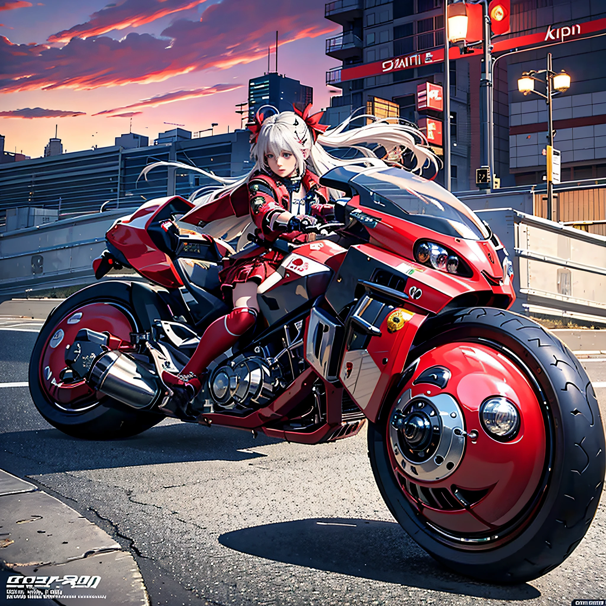 official art, unity 8k wallpaper, ultra detailed, beautiful and aesthetic, masterpiece, best quality, realistic, horns, blush, long hair, white hair, streaked hair, red eyes, hair bow, mole under eye,  red akirabike, riding bike, night, cyberpunk city view, epic screen, school uniform,