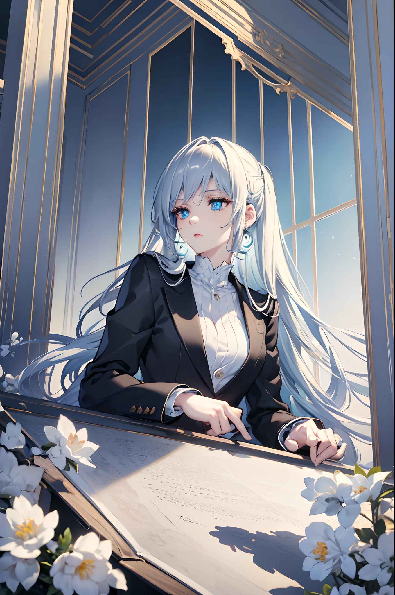 masterpiece, highlydetailed, ultra-detailed, cold, solo, (1woman), (pale skin), icyblue eyes, frosty white hair, young lady, medium breasts, goddess, cool kuudere woman, (Black blazer), (modern casual clothes), sleepy, lazy, flat expression, (polite clothes), (close clothes)