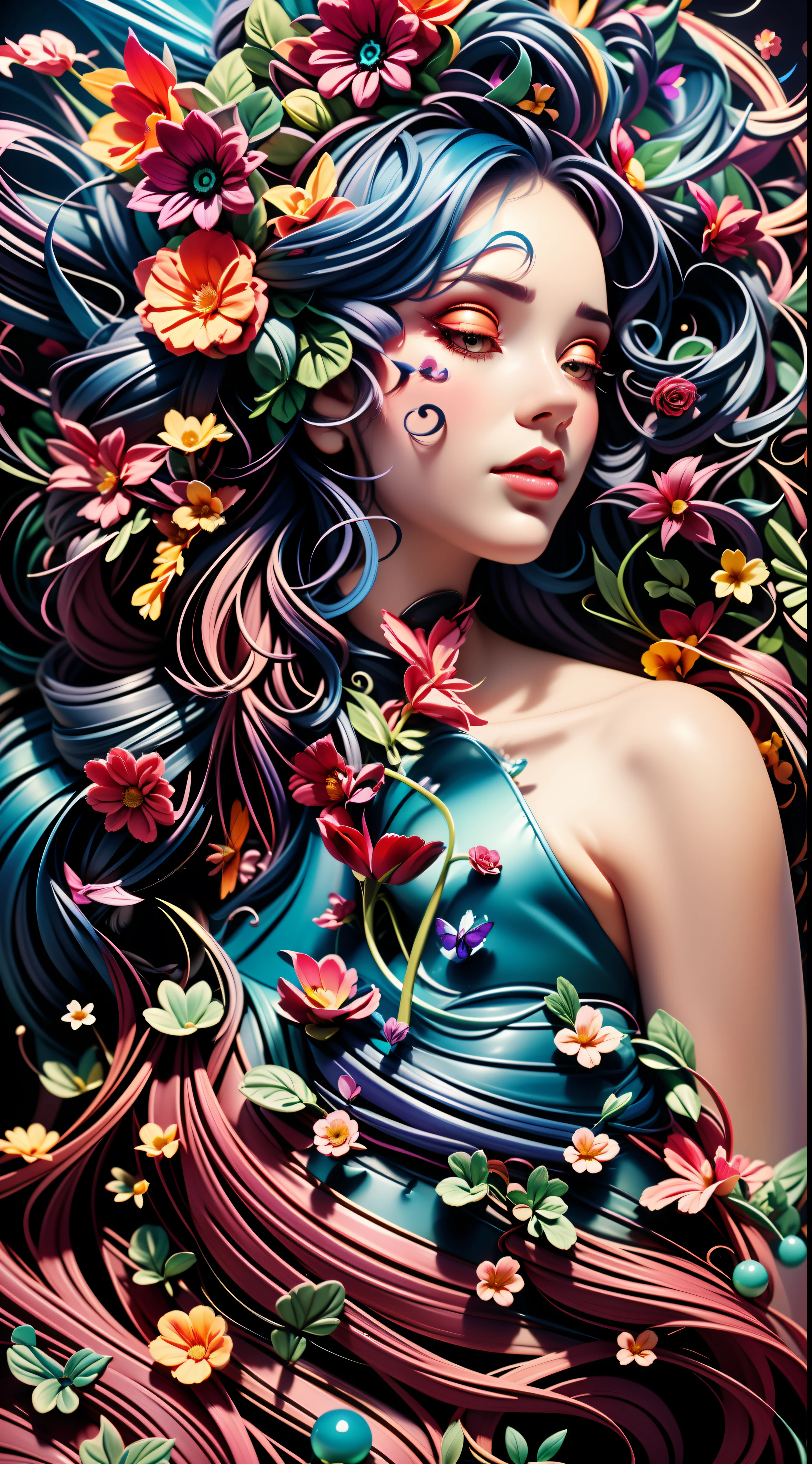 Eine Nahaufnahme einer Frau mit einem Blumenkopf und einem schwarzen Kleid, eindringlich schöne Kunst, natalie shau, bela arte digital, wunderschöne digitale Kunst, karol bak uhd, Stil von Karol Bak, schöne schöne digitale Kunst, Natalie Shau Tom Bagshaw, bela arte digital, wunderschönes surreales Porträt, atemberaubende digitale Kunst, Emotionale surreale Kunst