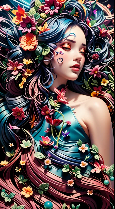 A closeup of a woman with a flowery head and a black dress, arte assombrosamente bela, natalie shau, bela arte digital, lindo ar...