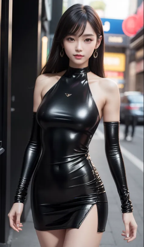 一個穿著黑色連身裙的女人在城市街道上擺姿勢- SeaArt AI