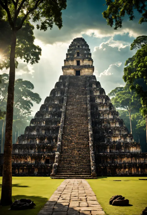 an epic photo of temple of the great jaguar, cinematic, plaza, trees, forest, mayan city, masterpiece, best quality
