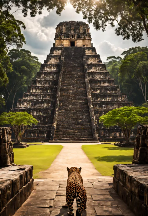 an epic photo of temple of the great jaguar, cinematic, plaza, trees, forest, mayan city, from behind , imposing, perspective, m...