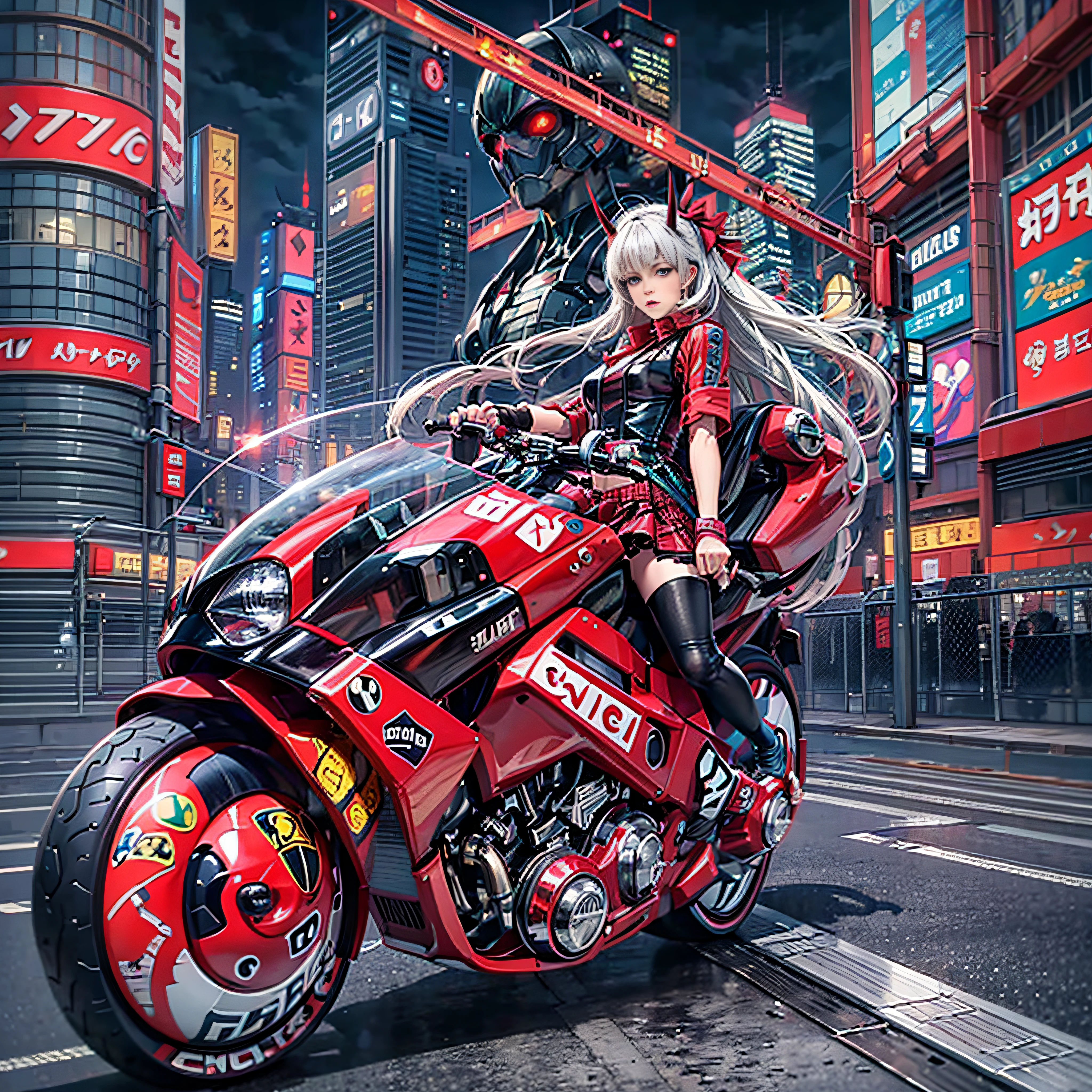 official art, unity 8k wallpaper, ultra detailed, beautiful and aesthetic, masterpiece, best quality, realistic, horns, blush, long hair, white hair, streaked hair, red eyes, hair bow, mole under eye, red akirabike, riding bike, night, cyberpunk city view, epic screen, school uniform,