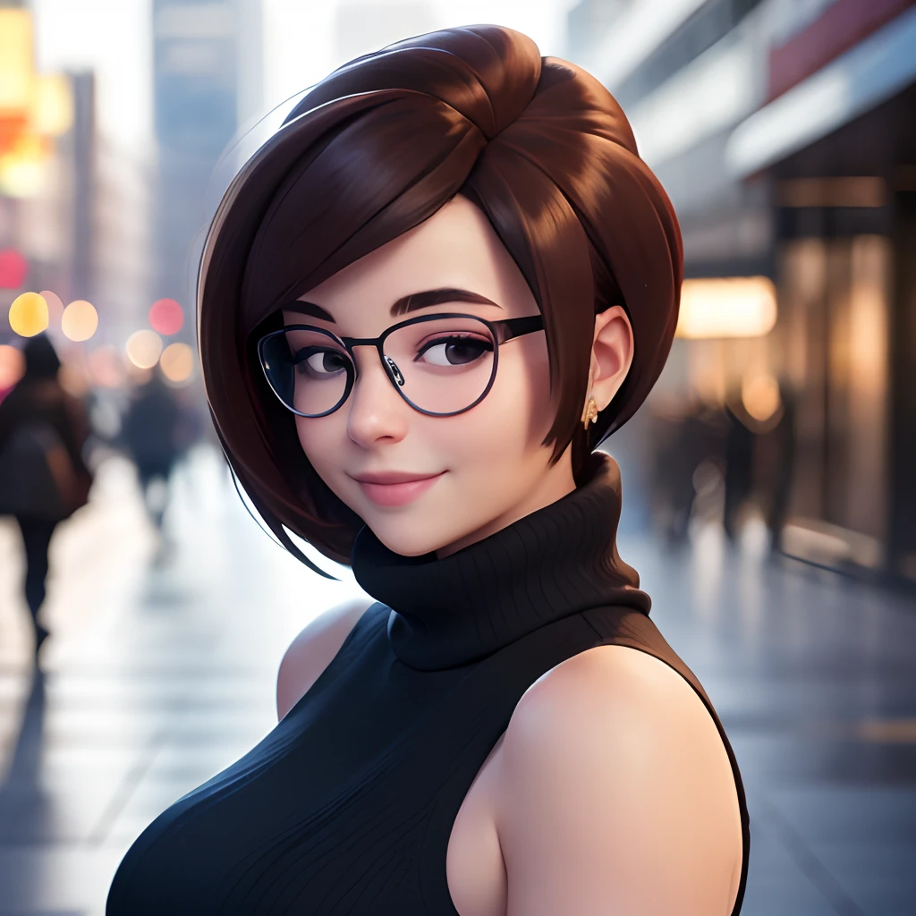 best quality, masterpiece,realistic,alonamei,curvy, round framed eyewear,solo,sleeveless turtleneck,smile,blush,(closed eyes, facing viewer, close up),city streets