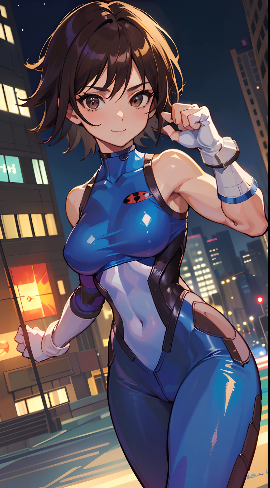 "(​masterpiece、Premium Quality:1.2)、Alone、1girl in(Asuka Kazama、muscularwoman、short brown haired、de pele branca、Brown-eyed)、cowboy  shot、A slight smil、battle posture、elbowgloves、Hero Suit、super girl、Tight suit trained abs、Trained biceps、glowing gemstone on the chest、(Buildings:1.2)、nighttime scene、