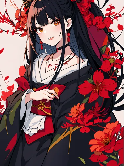(top-quality、hight resolution、8k、​masterpiece:1.2)。Curvaceous but slender、Muchimuchi Body、The whole area is filled with Red Spider Lily、Red spider lily in bloom、A woman sits in the middle of a red spider lily in full bloom。With a mysterious look、Kimono and...