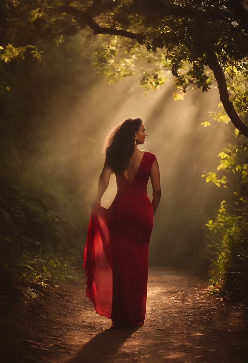 A woman in a red dress walking down a path in the woods - SeaArt AI