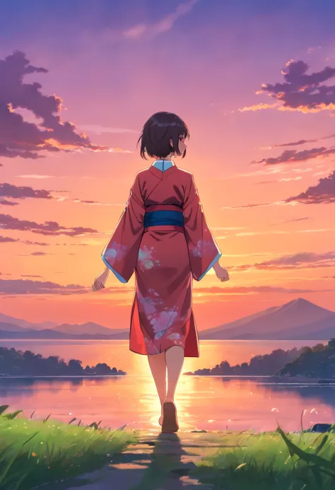 Beautiful landy in a kimono looking over the horizon, dazzling sunset clear Lake , mesmerizing landscape beautiful scenery, light trails, red kimono, green pasture