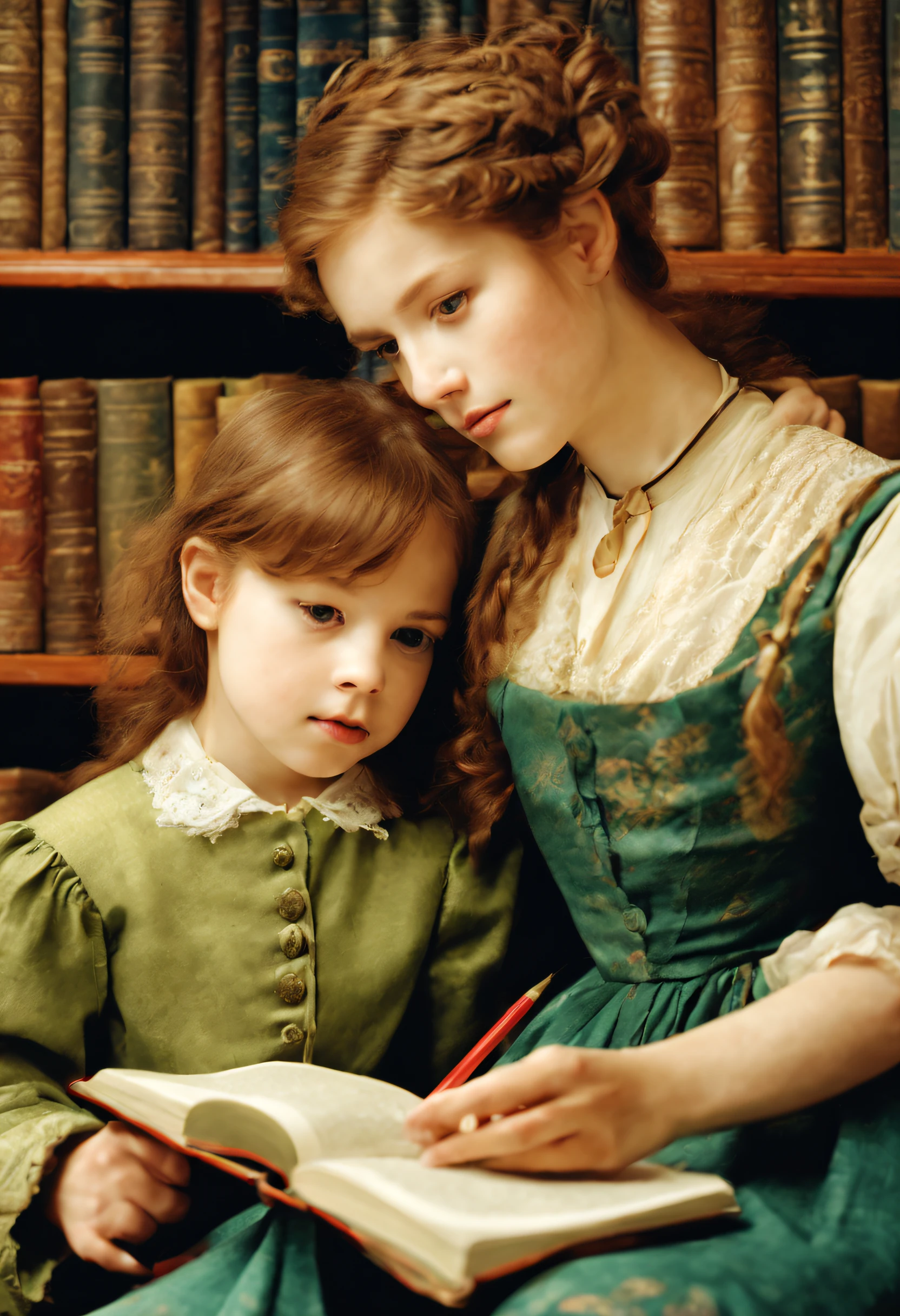 Maestra hermosa de 20 años y niño leyendo un libro、con cara redonda、Estilo prerrafalita、El fondo es la biblioteca.