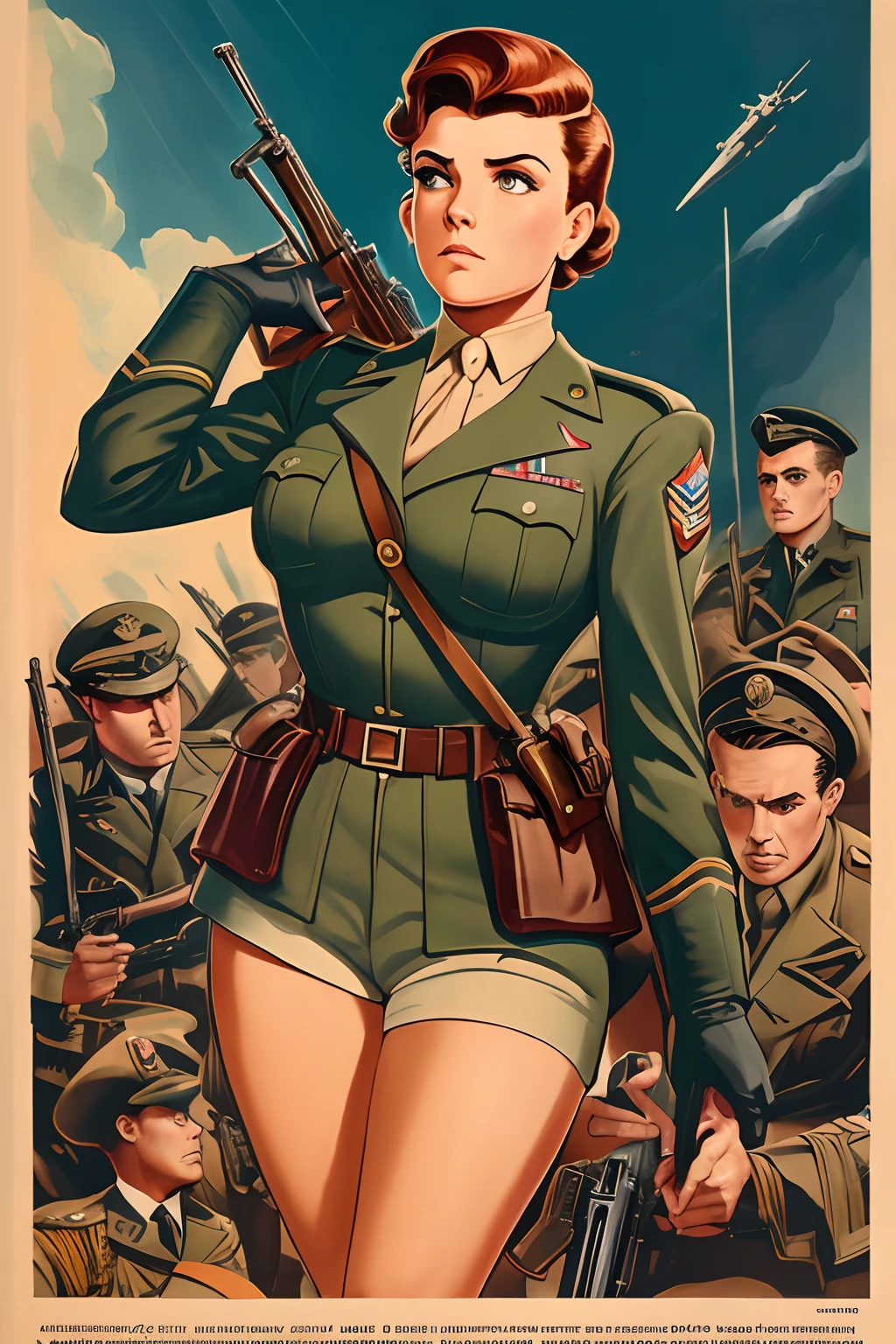 受约翰·布西马启发的艺术, 第二次世界大戰海報, 我們看到一名女學員拿著迫擊砲, 完美的軍裝, 及肩短髮, 紅色髮色, 淺綠色的眼睛, 小乳房, 修长的身材, 在戰場上威風凜凜, 砲火, 展現嚴肅和信念的場景