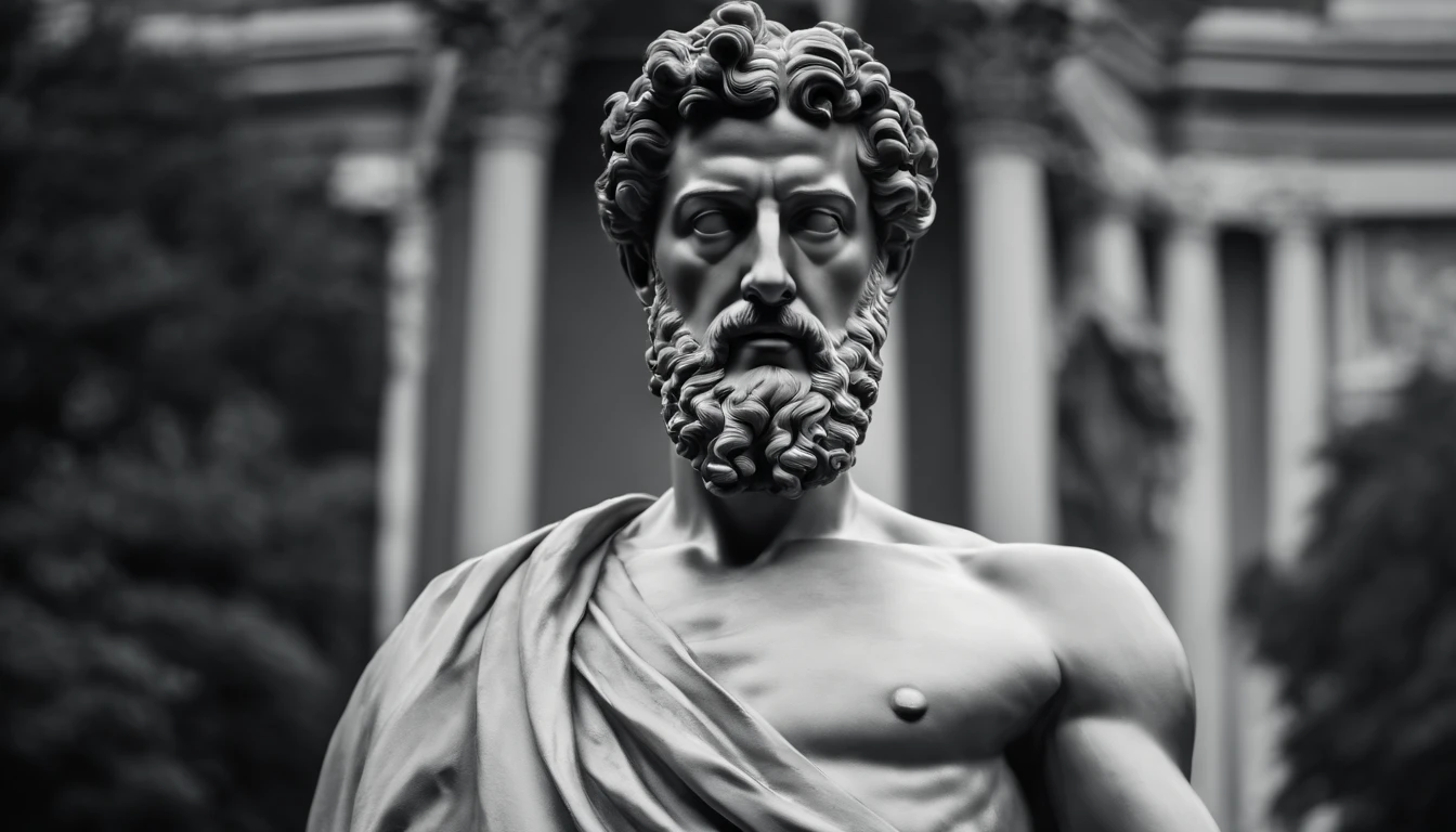 a portrait statue of the stoic Marcus Aurelius in black and white 4K ...