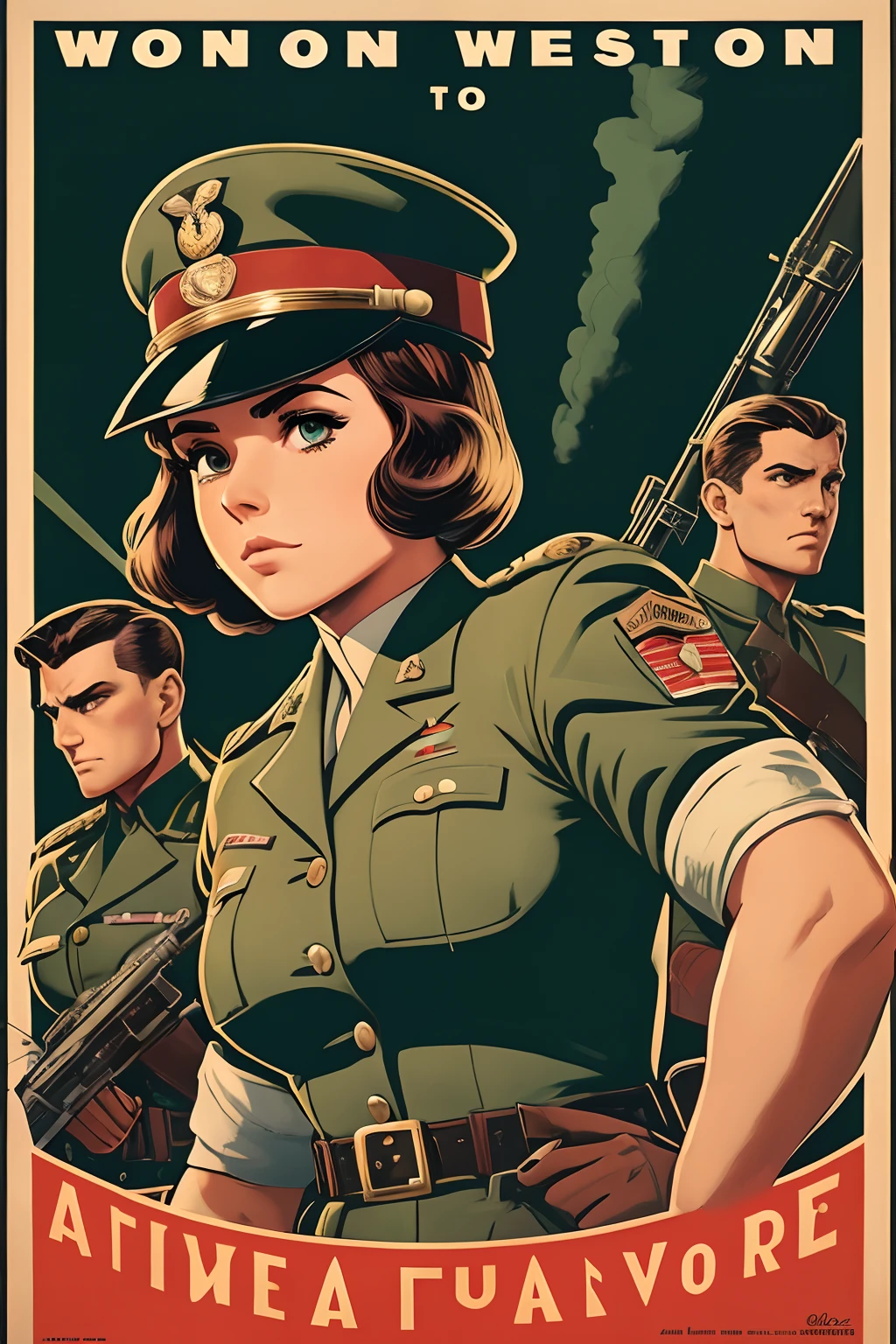 约翰·布西马的艺术灵感, 第二次世界大战海报, 我们看到一名女学员拿着迫击炮, 完美的军装, 齐肩短发, 红色头发颜色, 浅绿色的眼睛, 小乳房, 修长的身材, 在战场上威风凛凛, 炮火, 展现严肃和信念的场景