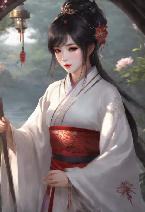 (bestquality:1.4), high-res, masterpiece,, 1girls,, Black Hair, purple eyes, (kemomimi), mediuml breasts, ,, Hair ornaments, (black|White Hanfu Clothing), detached sleeves,, red face,, lamp, shelter,, detailed face, ancient china