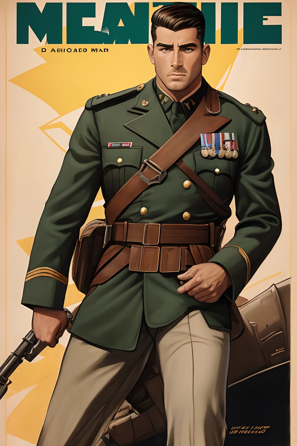 约翰·布西马的艺术灵感, 第二次世界大战海报, 我们看到一名学员向上级敬礼, 完美的军装, 齐肩短发, 红色头发颜色, 浅绿色的眼睛, 小乳房, 修长的身材, 在战场上威风凛凛, 炮火, 展现严肃和信念的场景