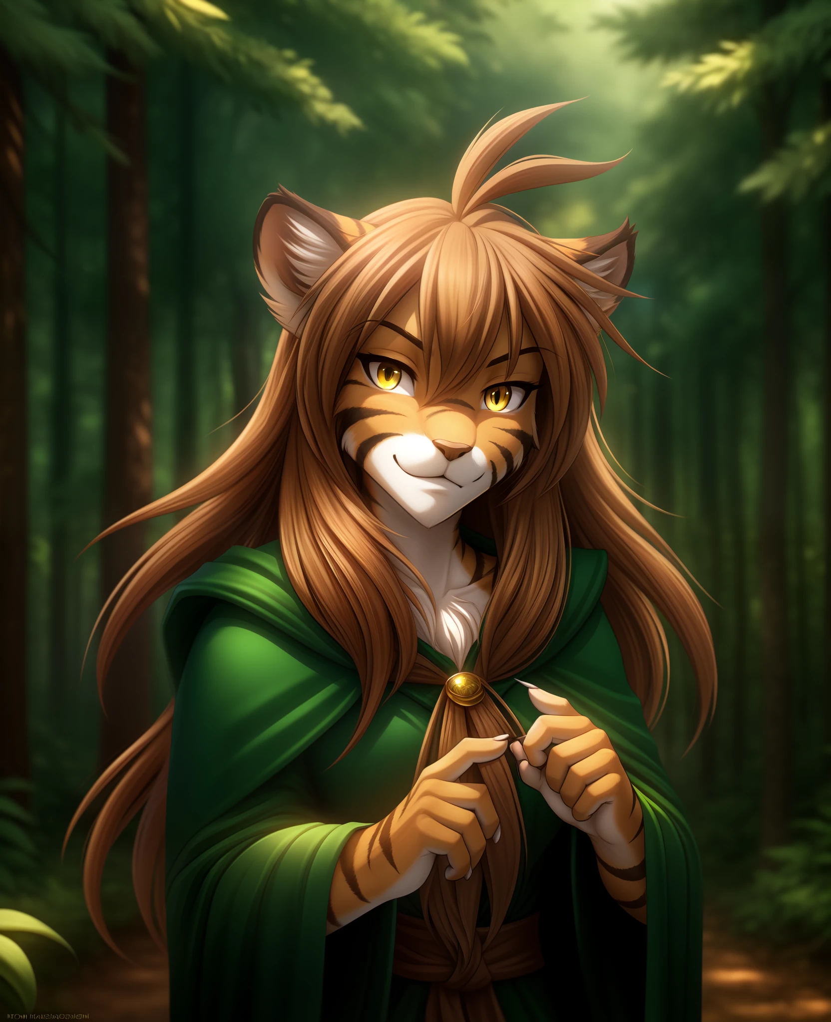 floratwokinds, flora, twokinds, by tom_fischbach,, (best quality, masterpiece:1), solo, furry female anthro, yellow eyes, long hair, brown hair, portrait, fingers, finger claws, looking at viewer, tiger tail, (outdoors dark forest trees blurry blurred background:1.1), antenna_hair,  green cape