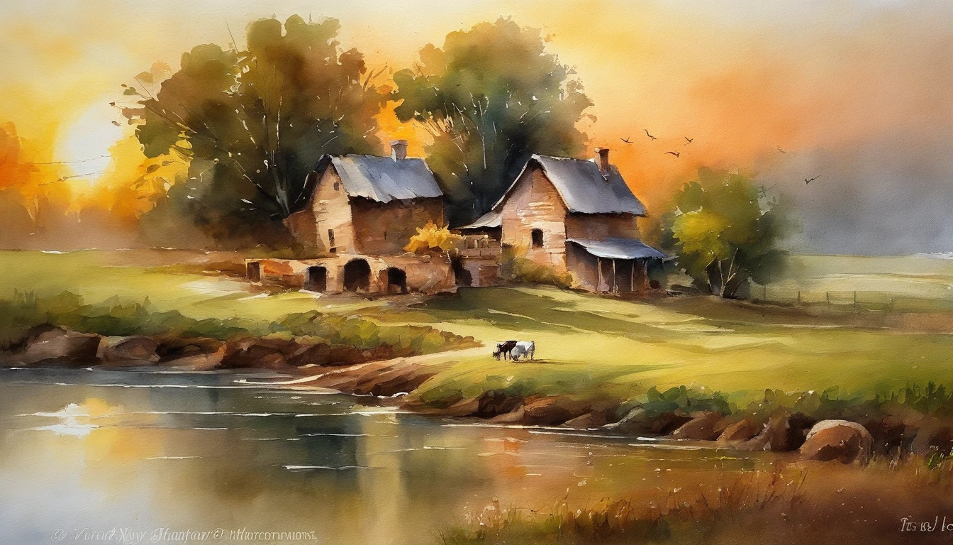 Painting of a farm scene with a cow by a river - SeaArt AI