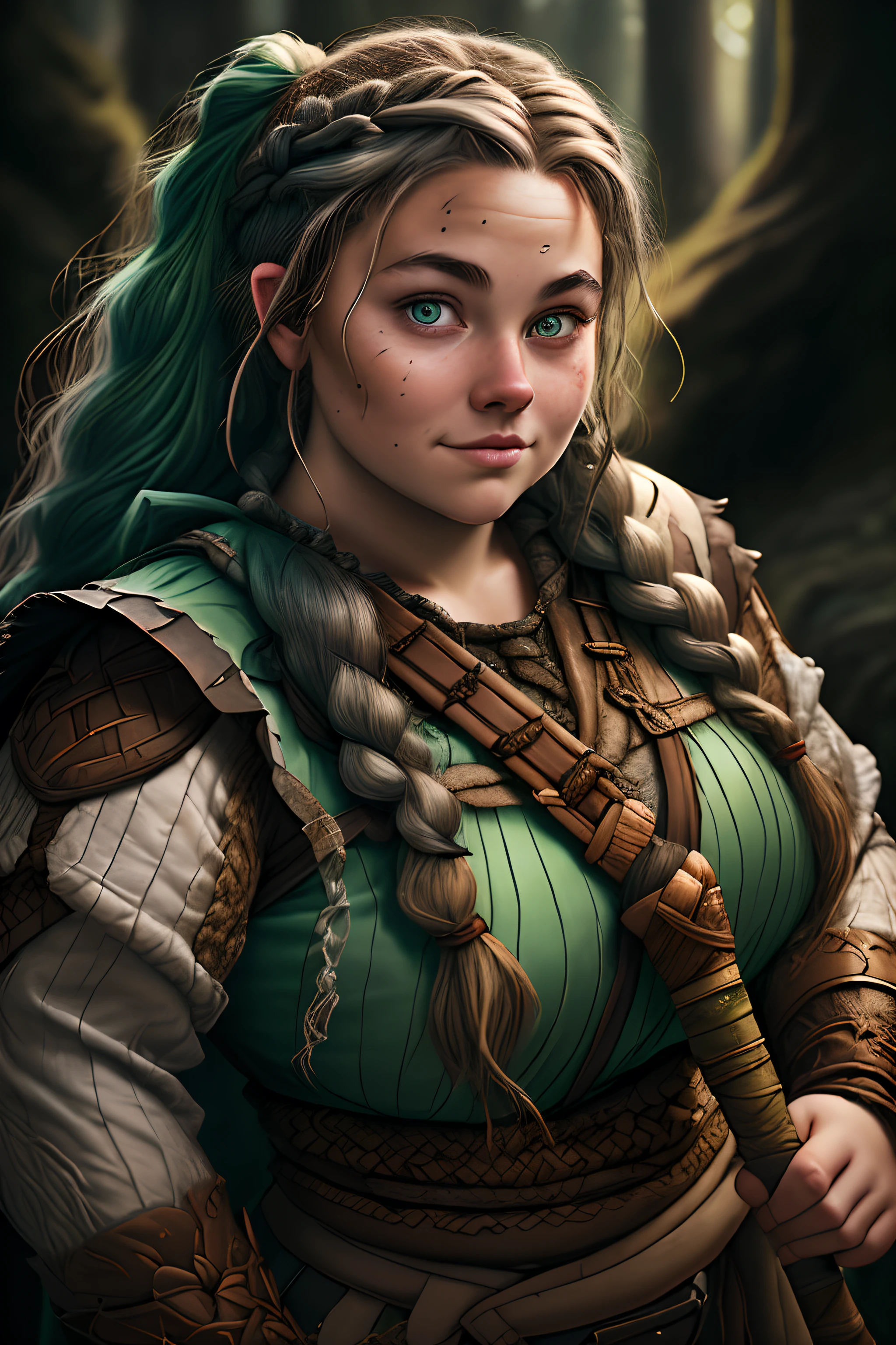"a chubby female druid dwarf with blck hair tied in twin braids, vibrant green eyes, rosy cheeks, rendered in a comic style, captured in a close-up shot."