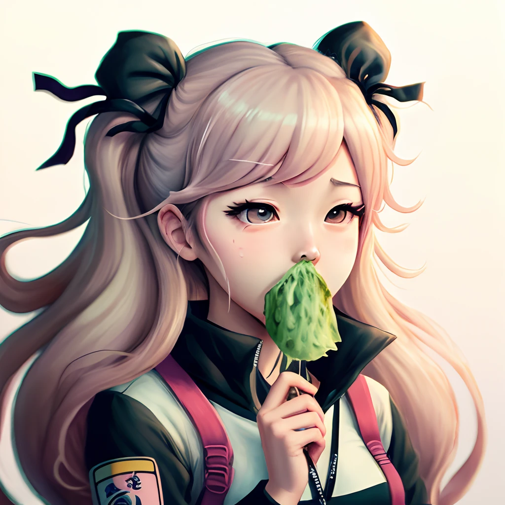 Anime girl with a green leaf in her mouth - SeaArt AI