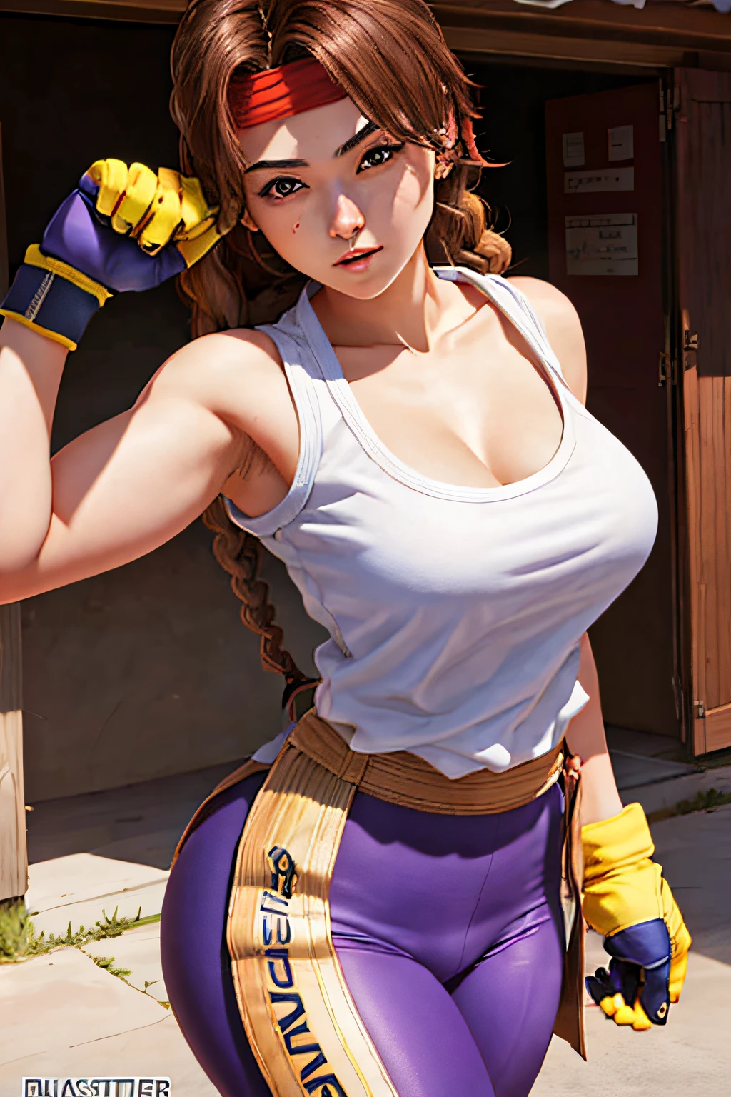 (masterpiece, best quality, high resolution, absurdities, unity 8K wallpaper, CG:1 extremely detailed:1), (illustration:1.0), 1girl((21 years, defined body, young woman, young adult, medium-big breasts)), solo, yurims, headband, dougi, spandex, gloves,