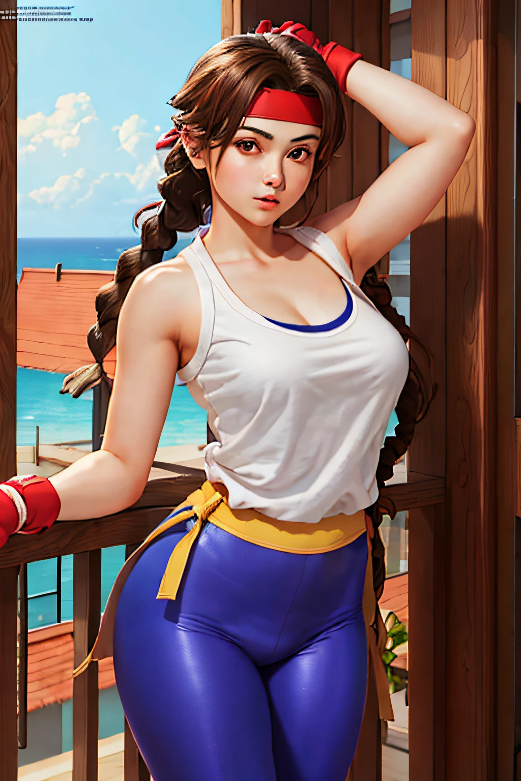 (masterpiece, best quality, high resolution, absurdities, unity 8K wallpaper, CG:1 extremely detailed:1), (illustration:1.0), 1girl((21 years, defined body, young woman, young adult, medium-big breasts)), solo, yurims, headband, dougi, spandex, gloves,