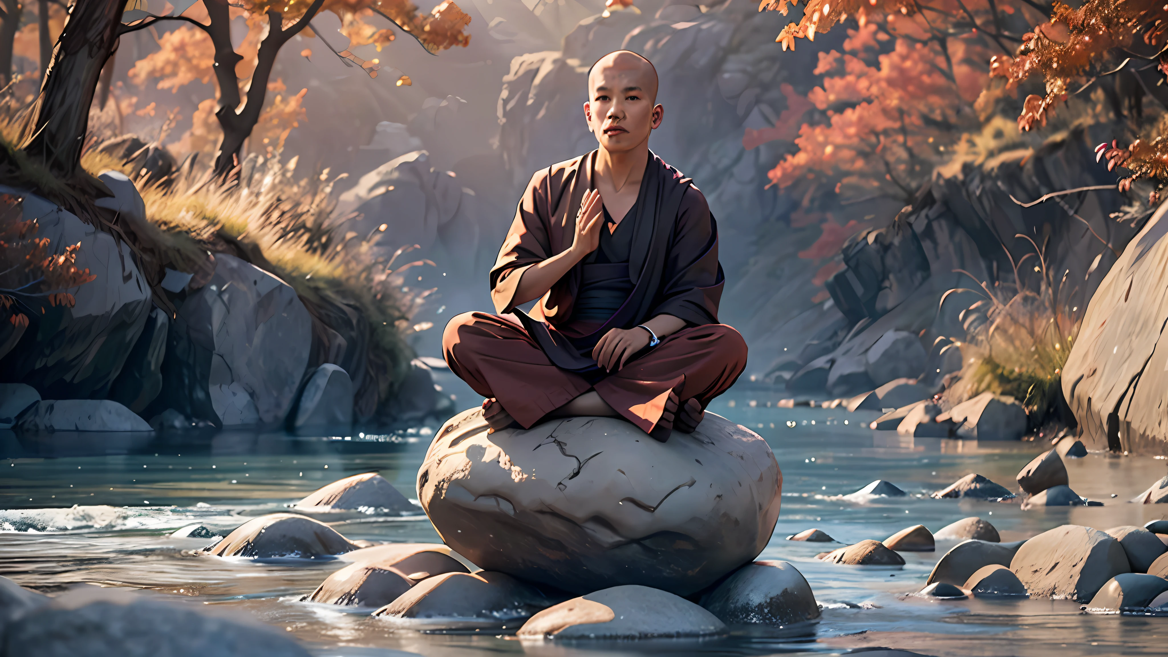 Beautiful Buddhist Monk, Meditating sitting, on the edge of a river full of stones, at sunset, ultra realistic photo, perfect face details, good skin texture, perfect shadows and light, award winning photo