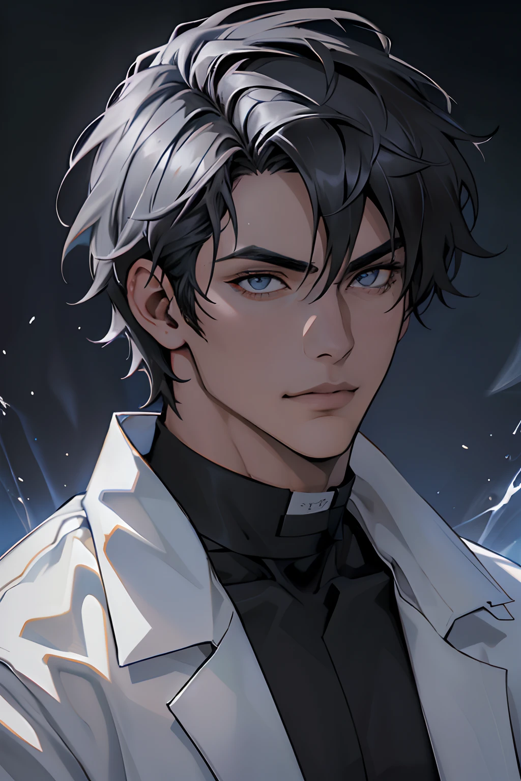 "(The best quality,4k,8k,High Resolutions,Masterpiece:1.2),ultra detailed,(realist,fotorrealist,fotorrealist:1.37), Manhwa Art European 25 years old man, ivory skin, Messy hair jet black hair, piercing eyes, gray iris, Wearing black coat with demonic skull logo, razor-sharp jawline, glare, Cold and mysterious character, whole body, athletic body, 8k, Detailed features, very handsome, Dreamy look on his face, bright illumination, blurred background
