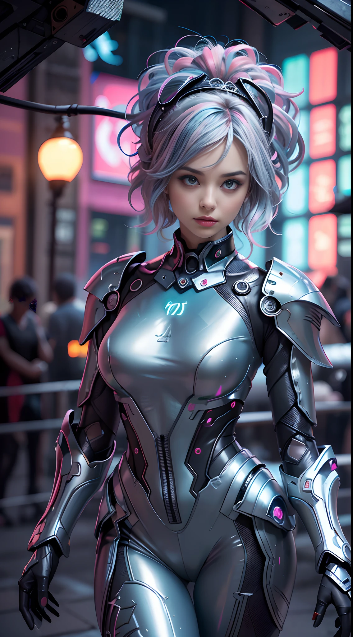 unreal engine:1.4,UHD,La Best Quality:1.4, photorealistic:1.4, skin texture:1.4, Masterpiece:1.8,first work, Best Quality, 1girl, Ives Girl, mecha, beautiful  lighting, (neon light: 1.2), (evening: 1.5), "first work, Best Quality, 1chica, Full length portrait, pose sensual, ojos bluees, multicolored hair+the payment:1.3+rosado:1.3+blue:1.3, Sculpted legs and tempting curves, full breasts, Beautiful face, many drops of water, clouds, twilights, Open floor plan, watercolor, neon light:1.2, evening:1.5, mecha, beautiful  lighting, Bright neon light: 1.2, unforgettable mysterious night: 1.5",,beautiful fine hands,（Beautiful and detailed eye description）