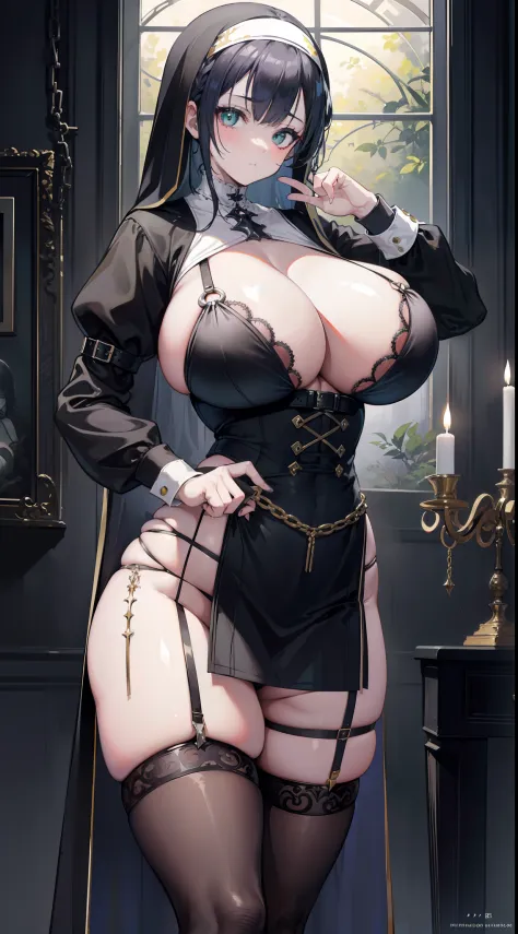 Striped hair, french braid, mismatched pupils, Chiaroscuro, back lit lighting, Gothic art, 16k, Best quality, Anatomically correct, High details，lewd nun，(huge tit)，(black lence stockings)，green pupills，thongs，Buckle，strappy，srestrained，leg loops，Chains
