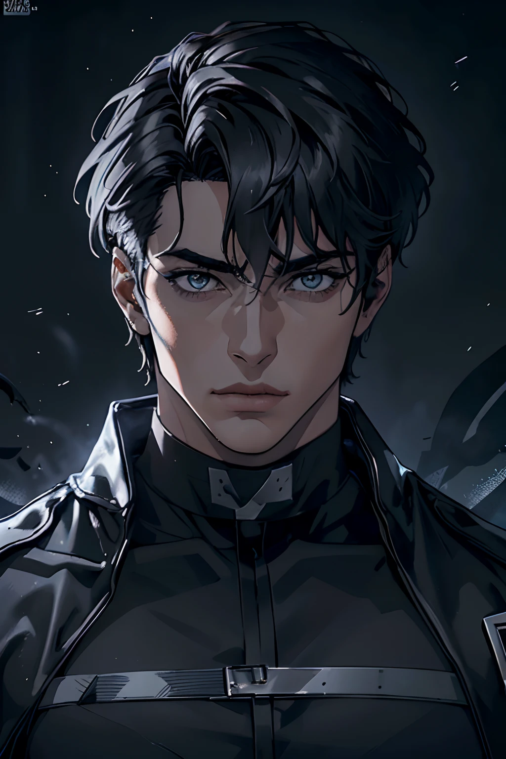 "(The best quality,4k,8k,High Resolutions,Masterpiece:1.2),ultra detailed,(realist,fotorrealist,fotorrealist:1.37), Manhwa Art European 25 years old man, ivory skin, Messy hair jet black hair, piercing eyes, gray iris, Wearing black coat with demonic skull logo, razor-sharp jawline, glare, Cold and mysterious character, whole body, athletic body, 8k, Detailed features, very handsome, Dreamy look on his face, bright illumination, blurred background