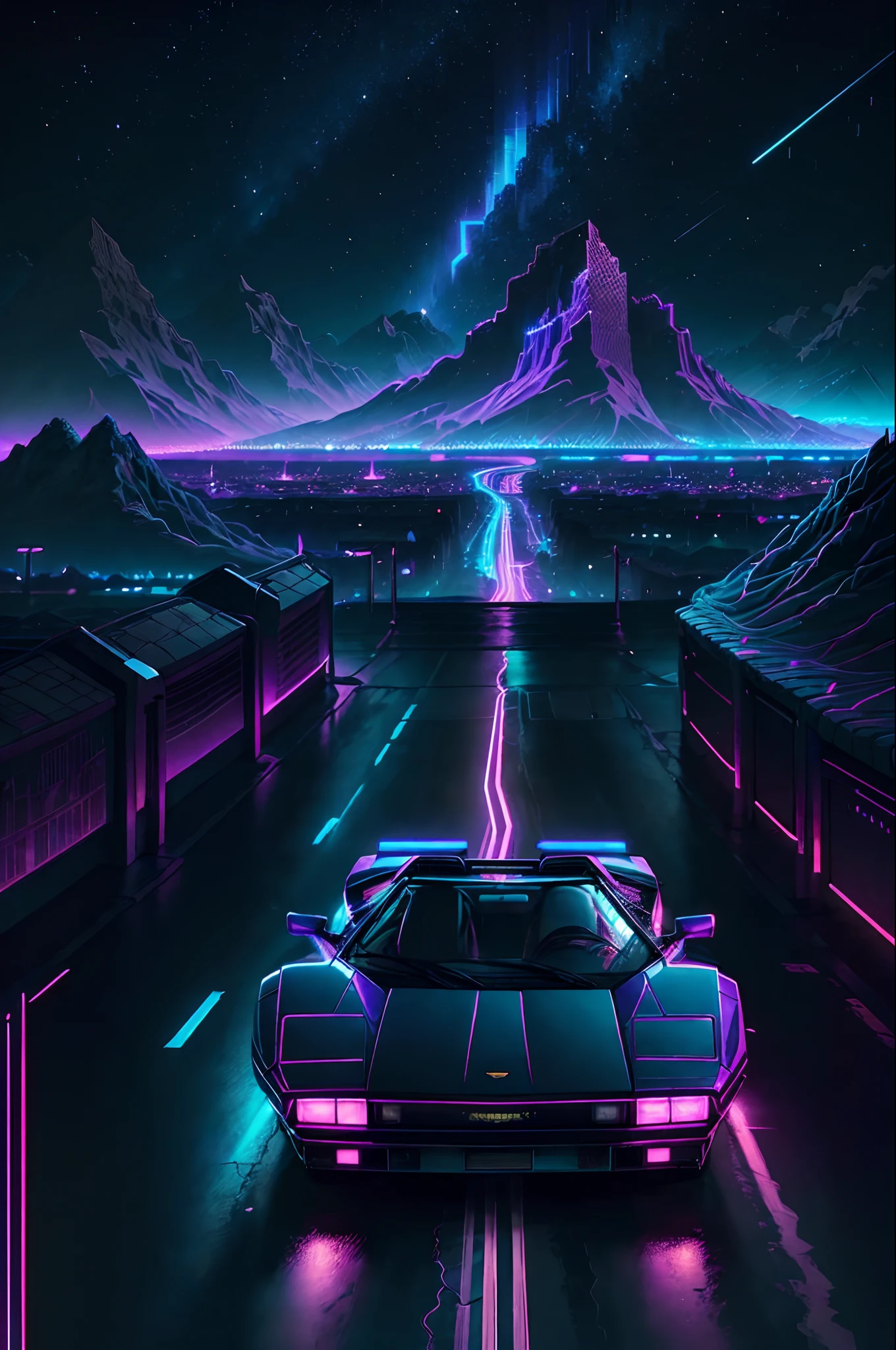 retrowave. Stadt, car lamborghini countach, Straße, Neonlichter lila und blau, Neon Nacht Sonne, Berg, (Meisterwerk, ausführlich, highres), leicht grunky, antiker Vinyl-Cover-Effekt, 8K, 80's, CD-Cover, professionelles Kunstprojekt, super ausführlich, Synthwave, Retro-Elektro, von kavinsky, von New Retro Wave, handgefertigt