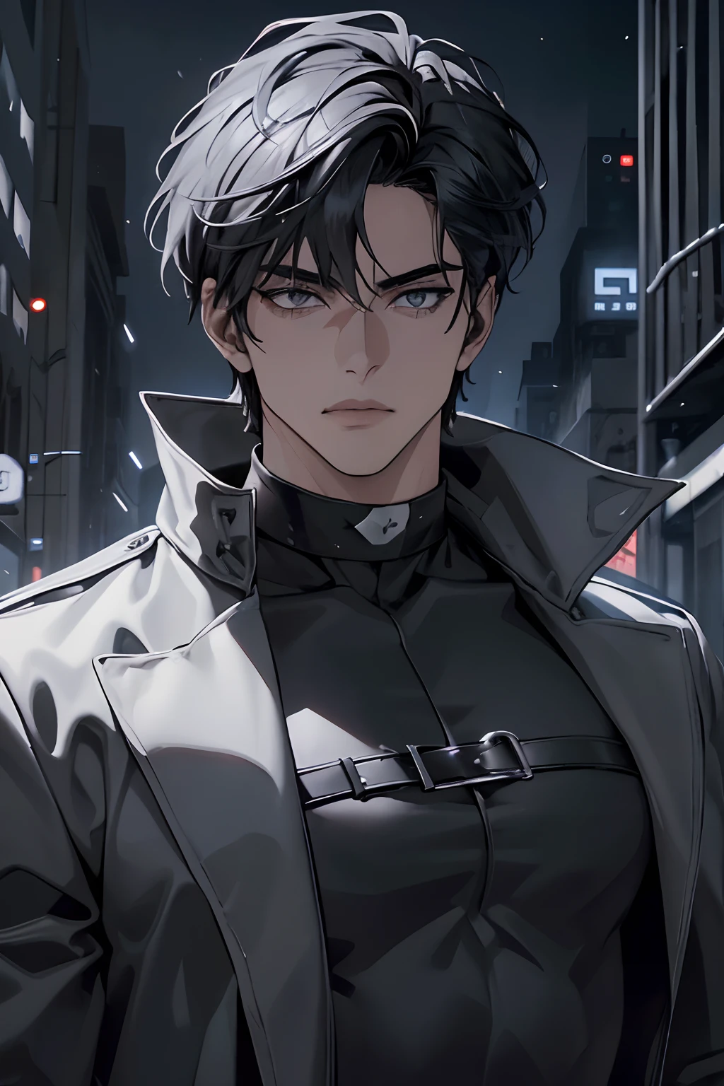 "(The best quality,4k,8k,High Resolutions,Masterpiece:1.2),ultra detailed,(realist,fotorrealist,fotorrealist:1.37), Manhwa Art European 25 years old man, ivory skin, Messy hair jet black hair, piercing eyes, gray iris, Wearing black coat with demonic skull logo, razor-sharp jawline, glare, Cold and mysterious character, whole body, athletic body, 8k, Detailed features, very handsome, Dreamy look on his face, bright illumination, blurred background