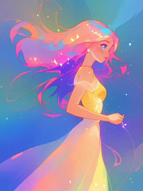 beautiful anime girl in colorful liquid dress, vibrant pastel colors, (colorful), magical lights, sparkling lines of light, insp...