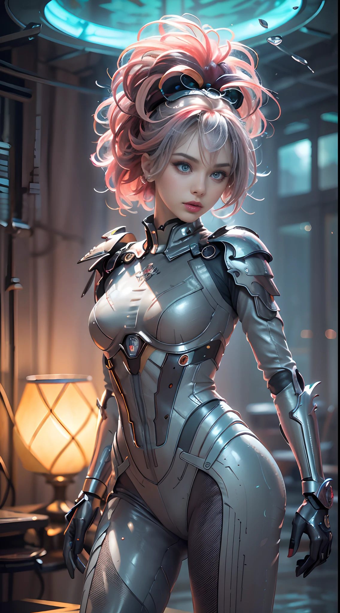 unreal engine:1.4,UHD,La Best Quality:1.4, photorealistic:1.4, skin texture:1.4, Masterpiece:1.8,first work, Best Quality, 1girl,( Ives Girl:1.4), mecha, beautiful  lighting, (neon light: 1.2), (evening: 1.5), "first work, Best Quality, 1chica, Full length portrait, pose sensual, multicolored hair+the payment:1.3+yellow:1.3+red:1.3, Sculpted legs and tempting curves, full breasts, Beautiful face, (many drops of water:1.4), clouds, twilights, Open floor plan, watercolor, neon light:1.2, evening:1.5, mecha, beautiful  lighting, Bright neon light: 1.2, unforgettable mysterious night: 1.5",(hands:1.4),（Beautiful and detailed eye description）