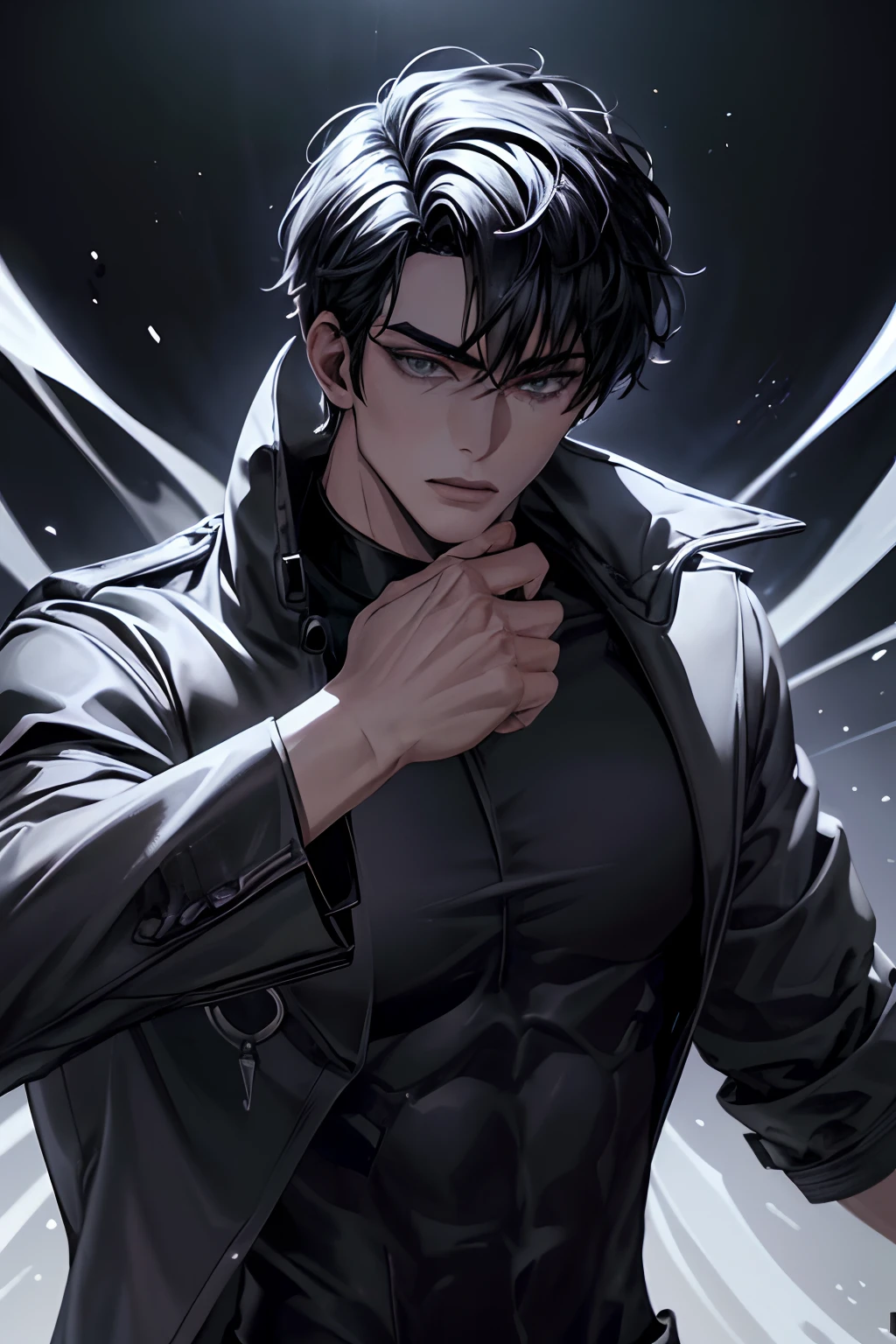 "(The best quality,4k,8k,High Resolutions,Masterpiece:1.2),ultra detailed,(realist,fotorrealist,fotorrealist:1.37), Manhwa Art European 25 years old man, ivory skin, Messy hair jet black hair, piercing eyes, gray iris, Wearing black coat with demonic skull logo, razor-sharp jawline, glare, Cold and mysterious character, whole body, athletic body, 8k, Detailed features, very handsome, Dreamy look on his face, bright illumination, blurred background