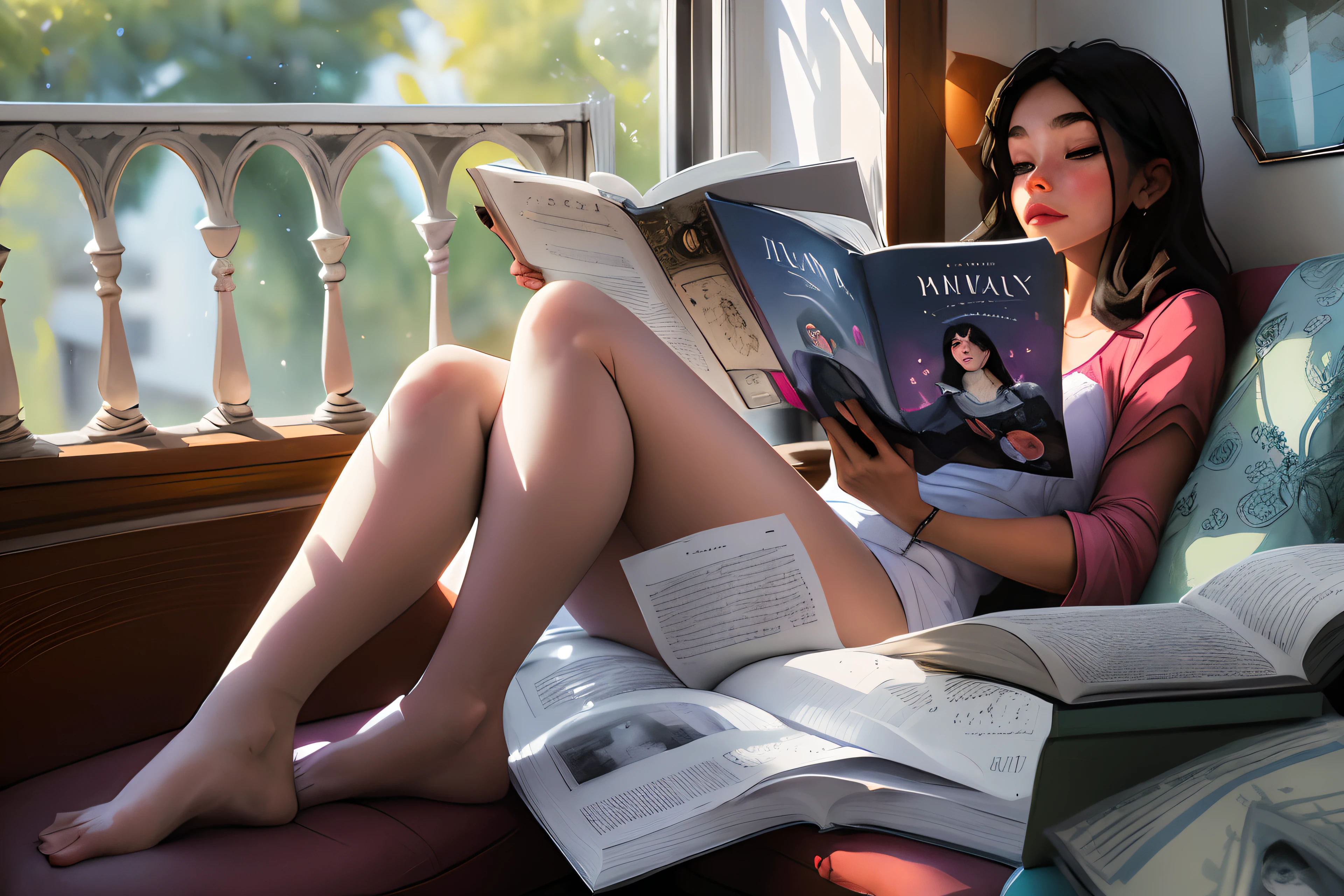 Mujer sentada en un sofá leyendo un libro en una habitación, Hermosa hada del libro para adultos, pose de libro de lectura dramática, Lectura dramática Postura del libro de hechizos, Leer un libro, Lectura de un nuevo libro, Plano amplio del libro de cuentos :: Disco duro, Luz matutina de verano, Toma de retrato, medias blancas, La niña en el alféizar de una ventana, Iluminación a media mañana, Fantasía romántica de cuento, detallado y fantasioso