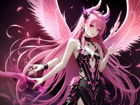Fairy, devil-like with devil wings, all pinks and purples with glowing red eyes, masterpiece, best quality