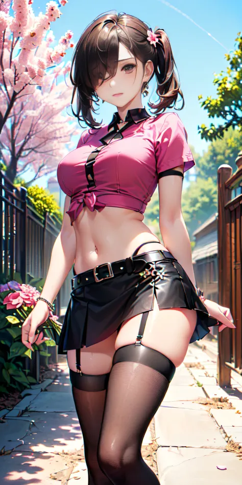 (((obra maestra, mejor calidad, highres, hmeliza, 1girl, hair over one eye, jewelry, single thighhigh, midriff, black skirt, asy...