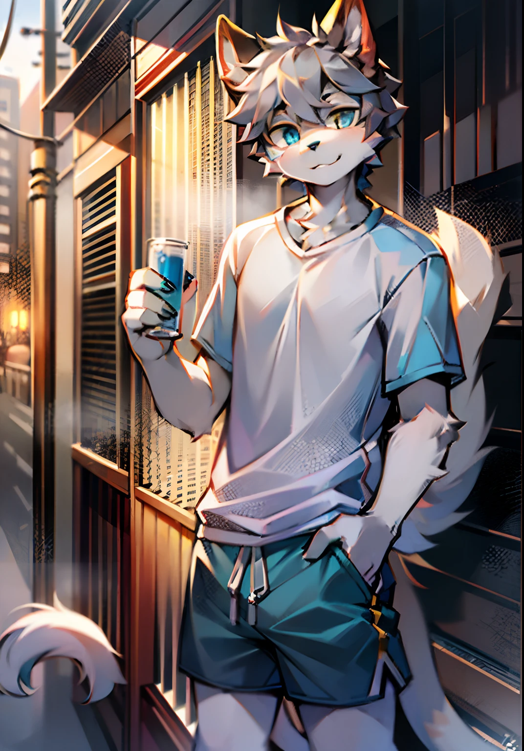 Anime boy with a cat tail holding a cup of coffee - SeaArt AI