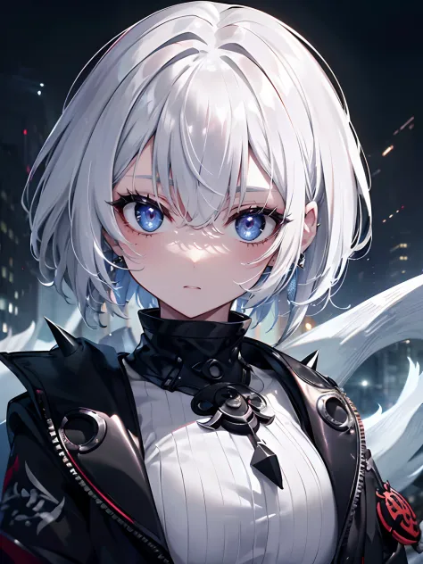 (masterpiece, best quality, ultra high resolution),1woman,white hair,short hair,((oni girl 👹)),((bols look)),(black jacket),beau...