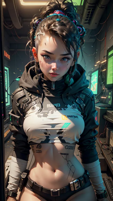 ((Best Quality)), ((Masterpiece)), (Very detailed:1.3), 3D, Beautiful (Cyberpunk:1.3) Female hacker, thick hair, exposed breasts, operating computer terminals, computer servers, LCD screens, fiber optic cables, corporate logos, HDR (High Dynamic Range), ra...